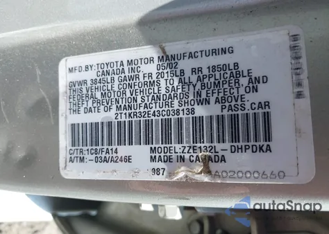 2003 Toyota Matrix Standard z USA, uszkodzony, nr VIN 2T1KR32E43C038138